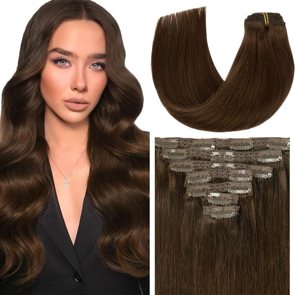 Clip in Hair Extensions Human Hair 18 Inches Thick Straight Brown 7pcs